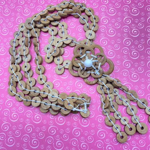 Bohemian Wood Disc Beads Artisan Made Long Statement Necklace - Picture 2 of 9